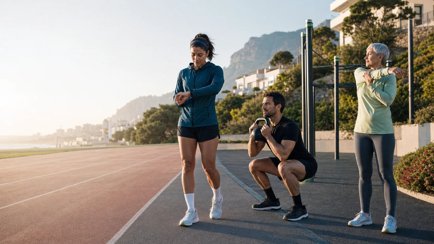 Tres personas entrenan en una pista y una zona exterior