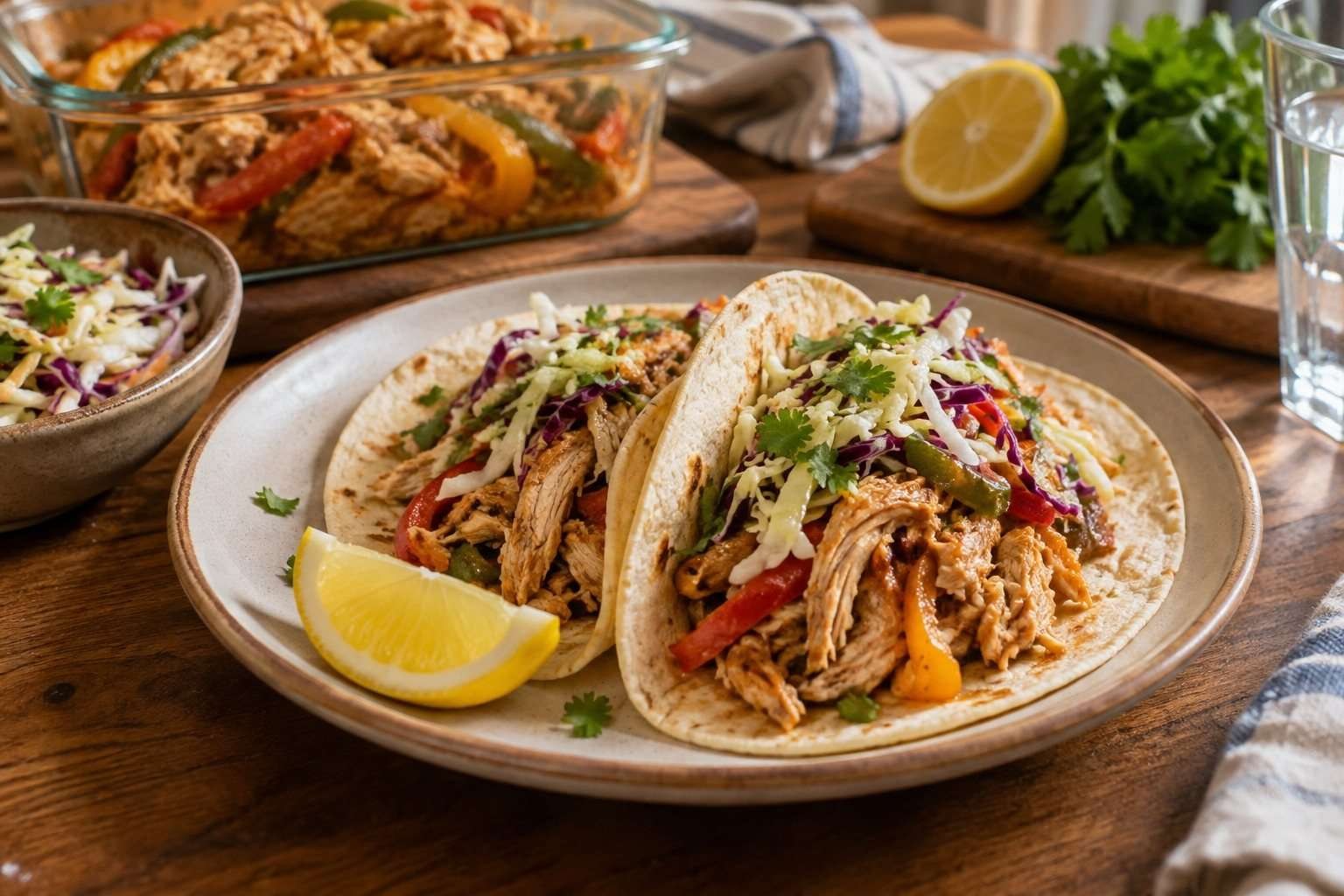 Tortillas rellenas de pollo con hojas frescas y salsa servida aparte.
