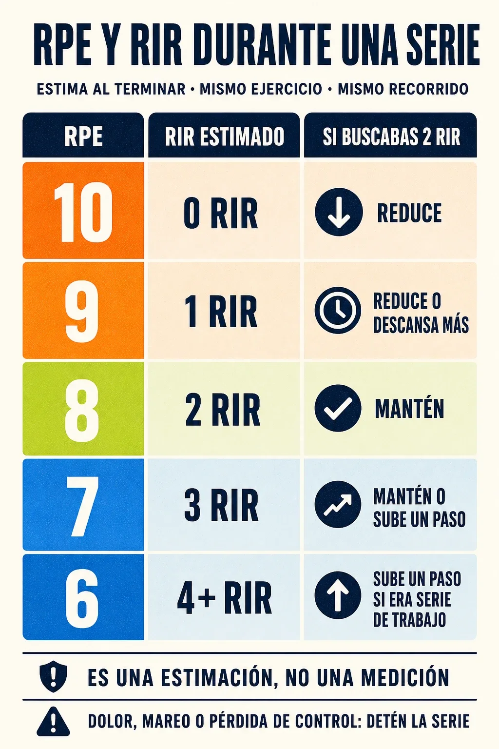 Escala de RPE 10 a 6 que relaciona cada valor con las repeticiones en reserva y con una decisión para la siguiente serie cuando el objetivo era terminar con 2 RIR.