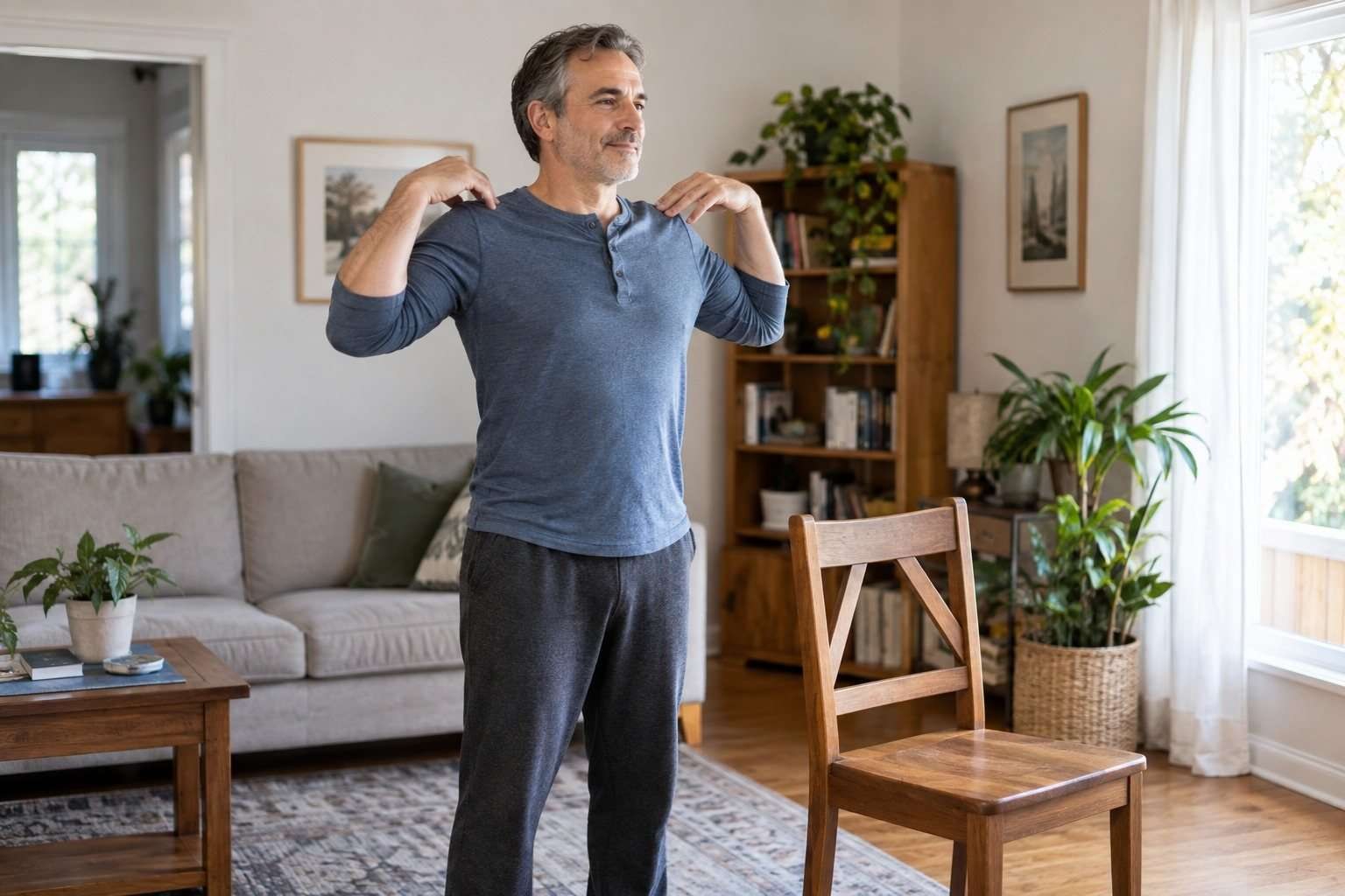 Descanso activo: cómo elegir un día suave sin añadir otra carga — Imagen 2 Un hombre realiza movimientos suaves de hombros junto a una silla.