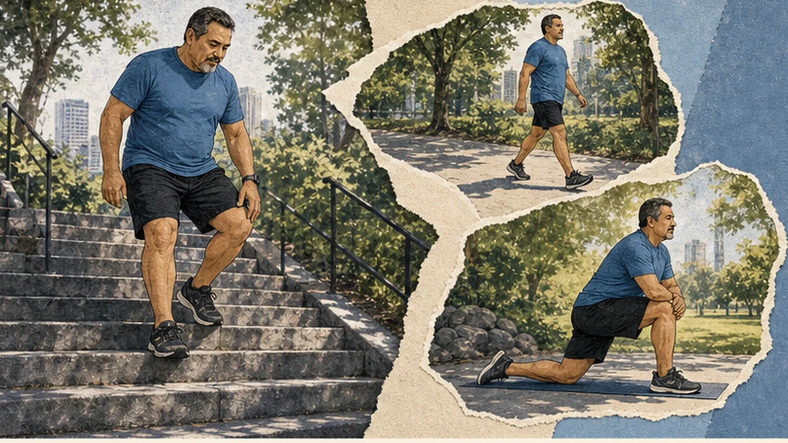 Deportista con agujetas prueba caminar y moverse con suavidad antes de ajustar su sesión.
